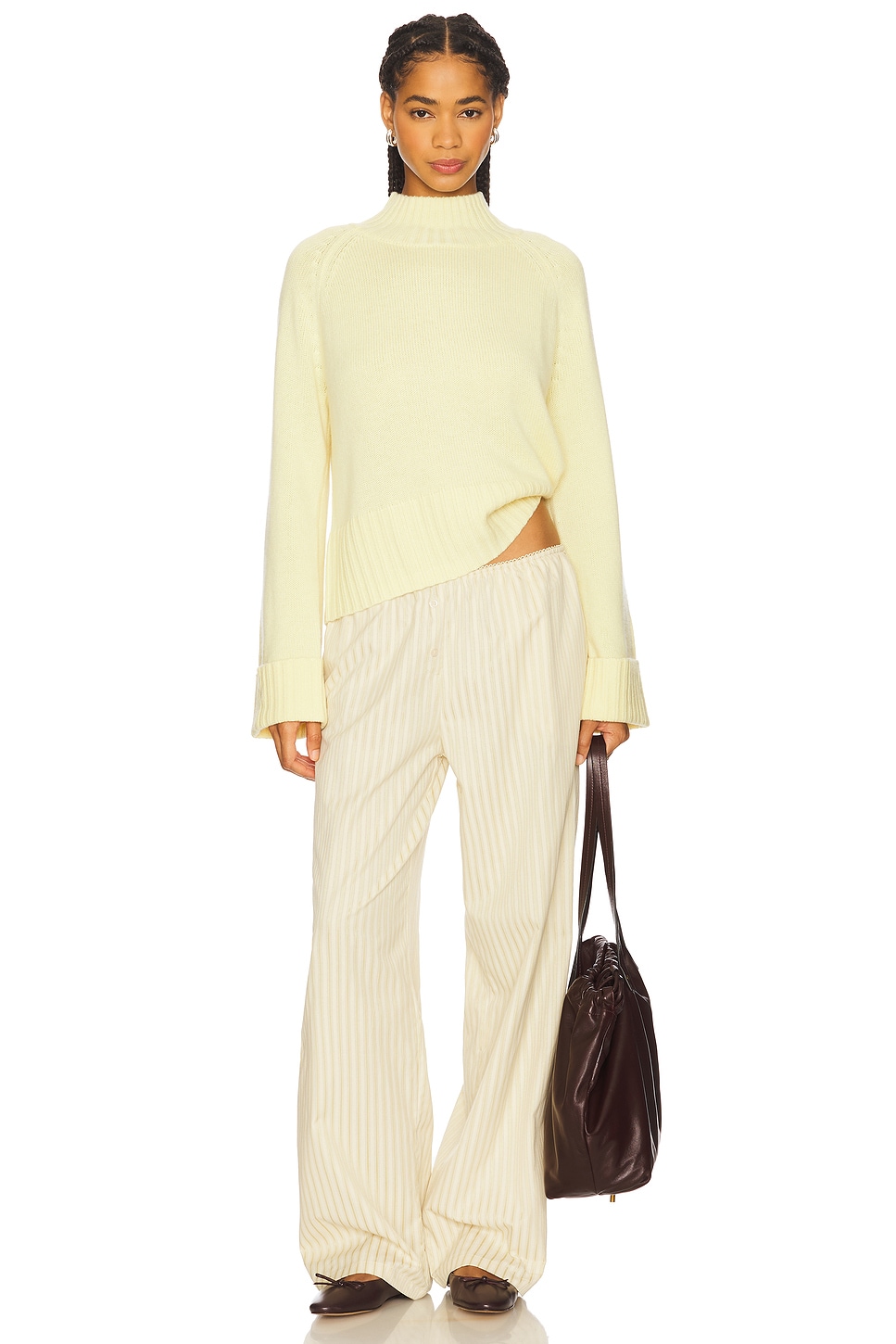 Autumn Cashmere 6-ply Cuffed Solid Boxy Mock Neck Top in Sunfrost