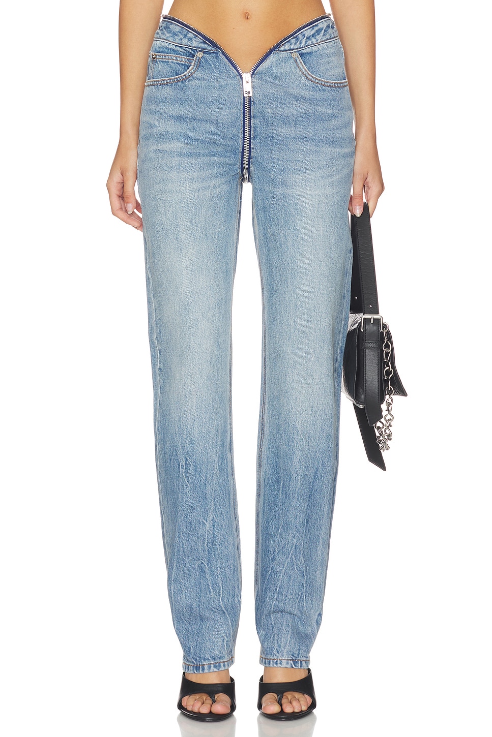 Dipped V Zip Waistband Straight Leg Jeans