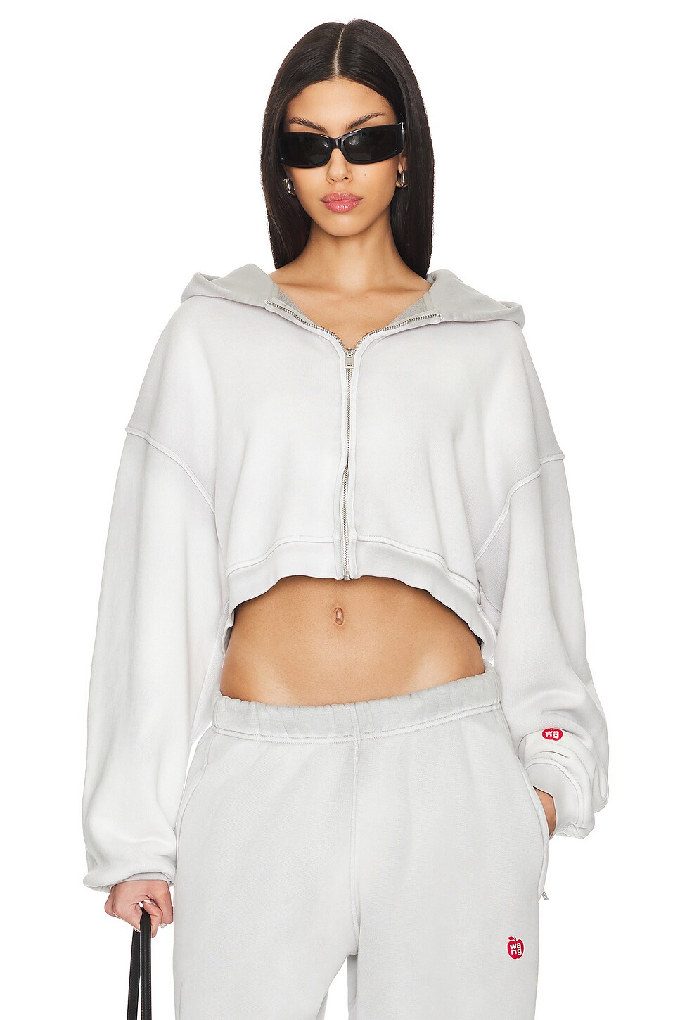 Alexander Wang Cropped Zip Up Hoodie in Washed Smoke White | REVOLVE