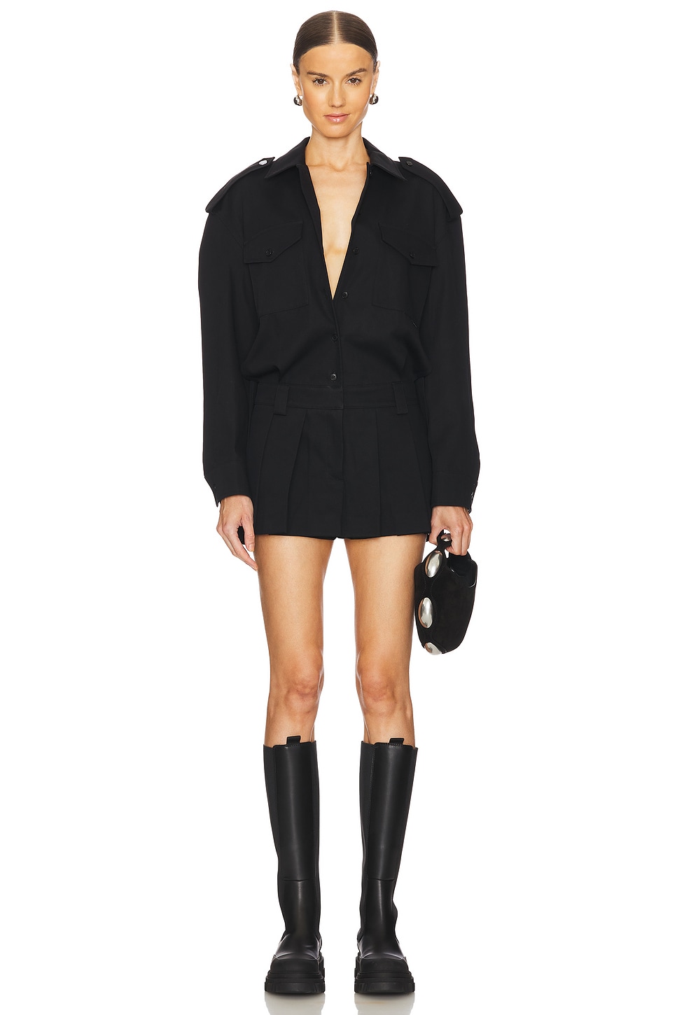 Alexander Wang Prestyled Pleated Skirt Mini Romper in Black