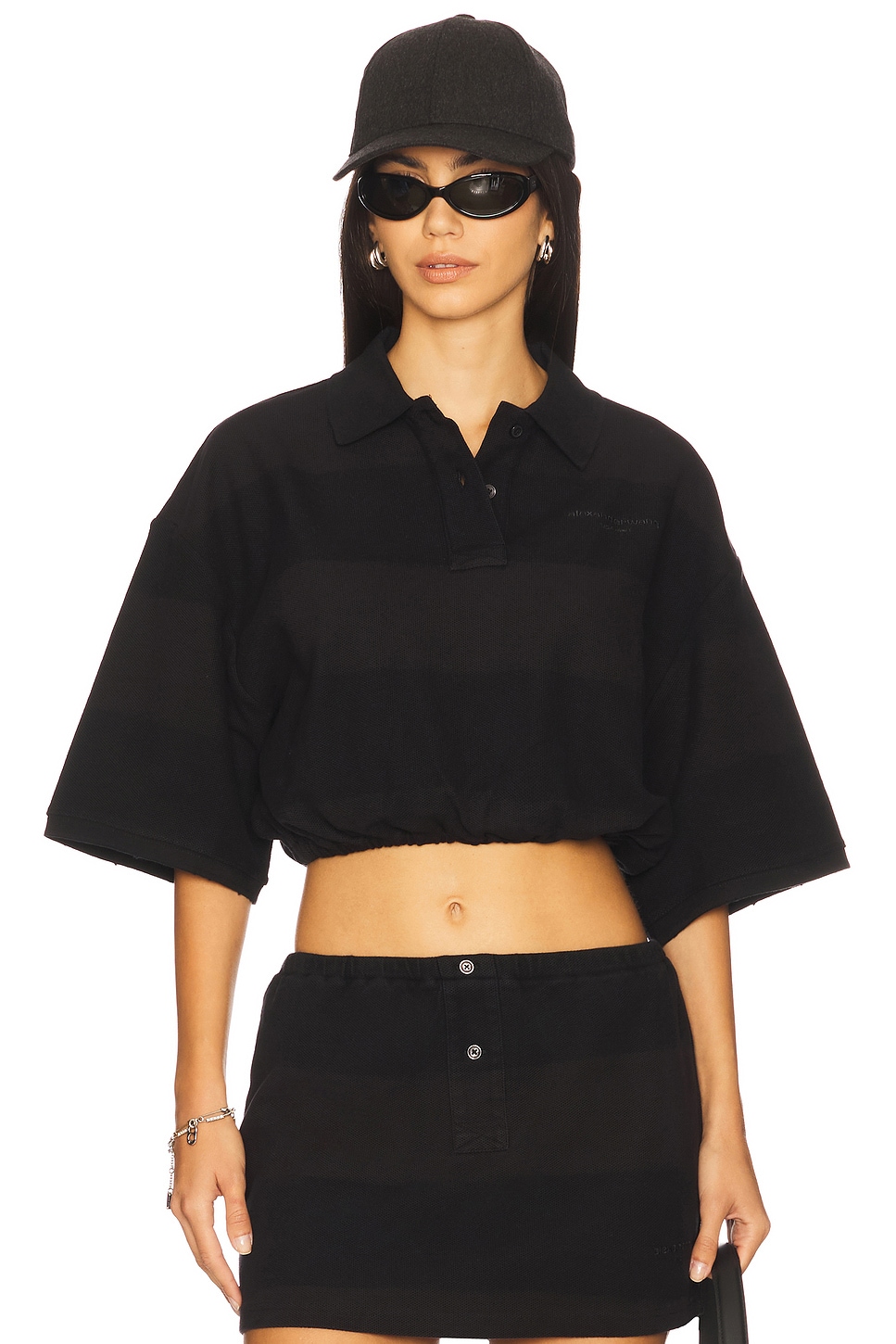 Alexander Wang Deconstructed Polo Shirt in Black Overdyed Stripe