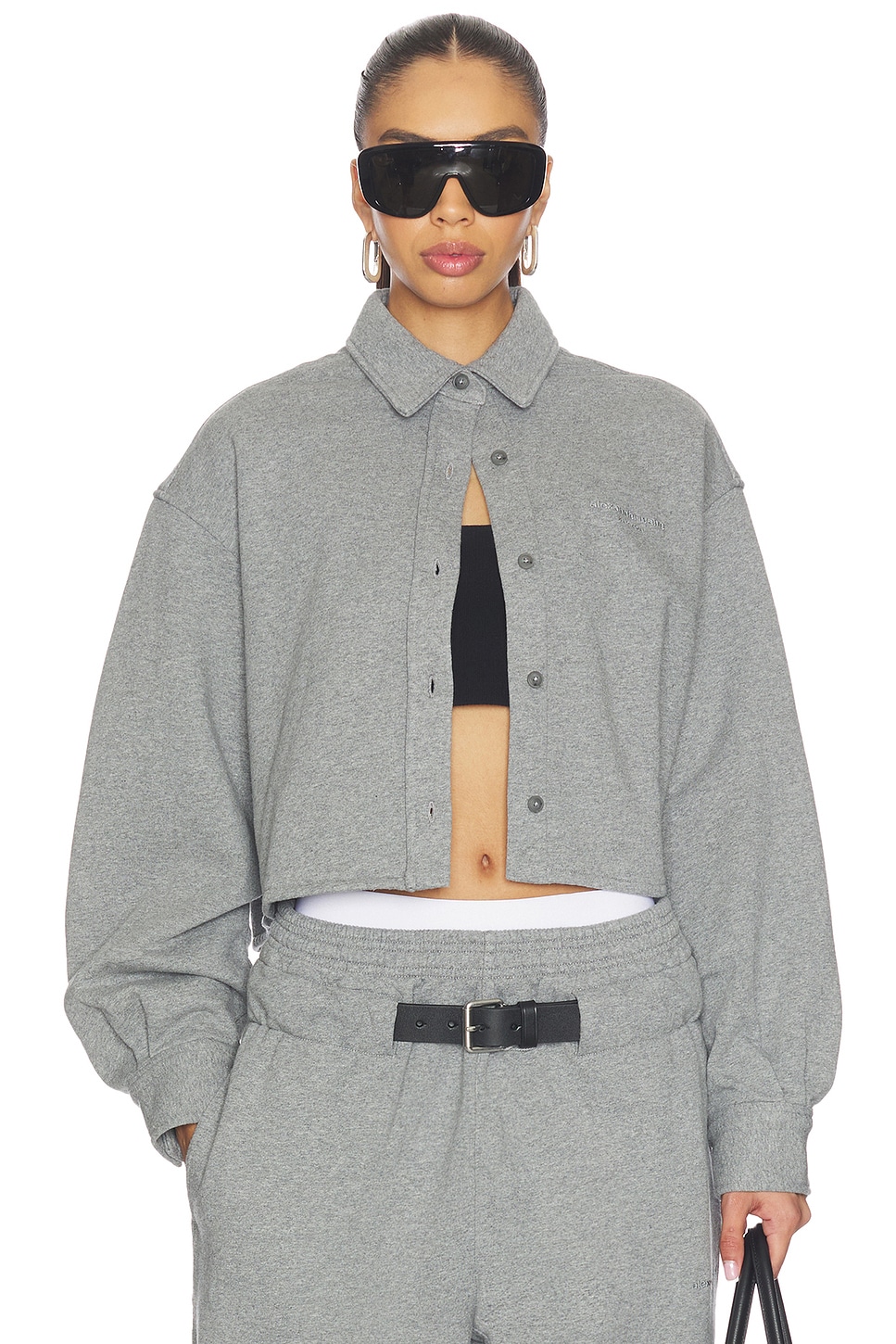 Alexander Wang Cropped Button Down Shirt in Dark Heather Grey