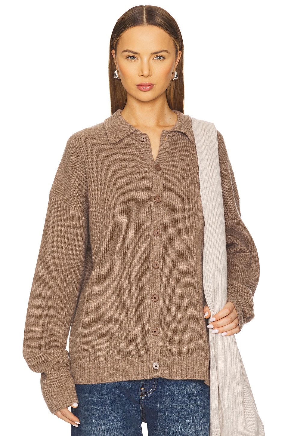 Aya Muse Relaxed Knit Button Up Sweater in Dark Tan REVOLVE