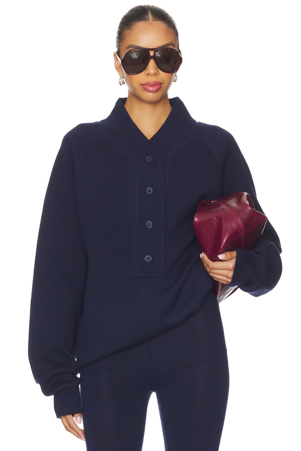 Aya Muse Knit Henley Sweater in Navy | REVOLVE