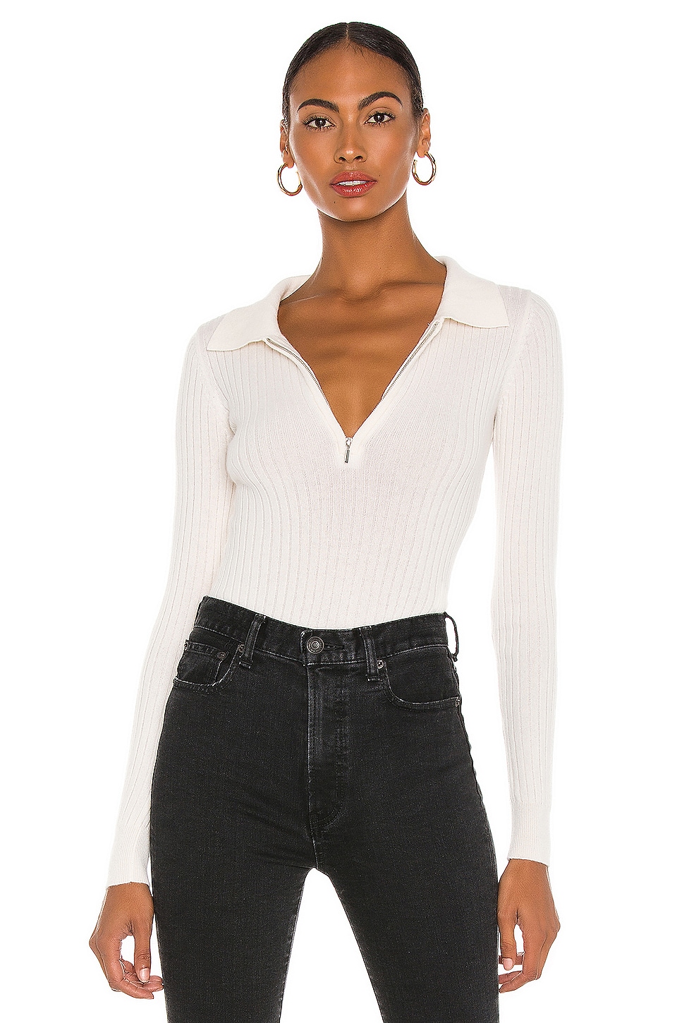 Aya Muse Ribbed Cashmere Collared Bodysuit in Ivory | REVOLVE