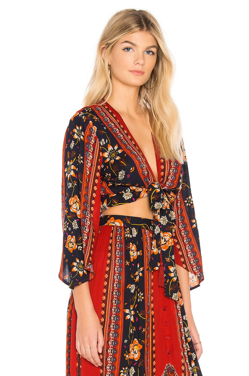 Band Of Gypsies Bohemian Tie Front Blouse In Rust And Navy Revolve