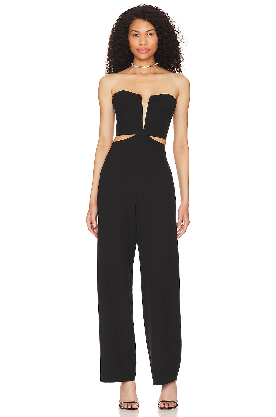 Bardot strapless sweetheart black formal jumpsuit for wedding guest