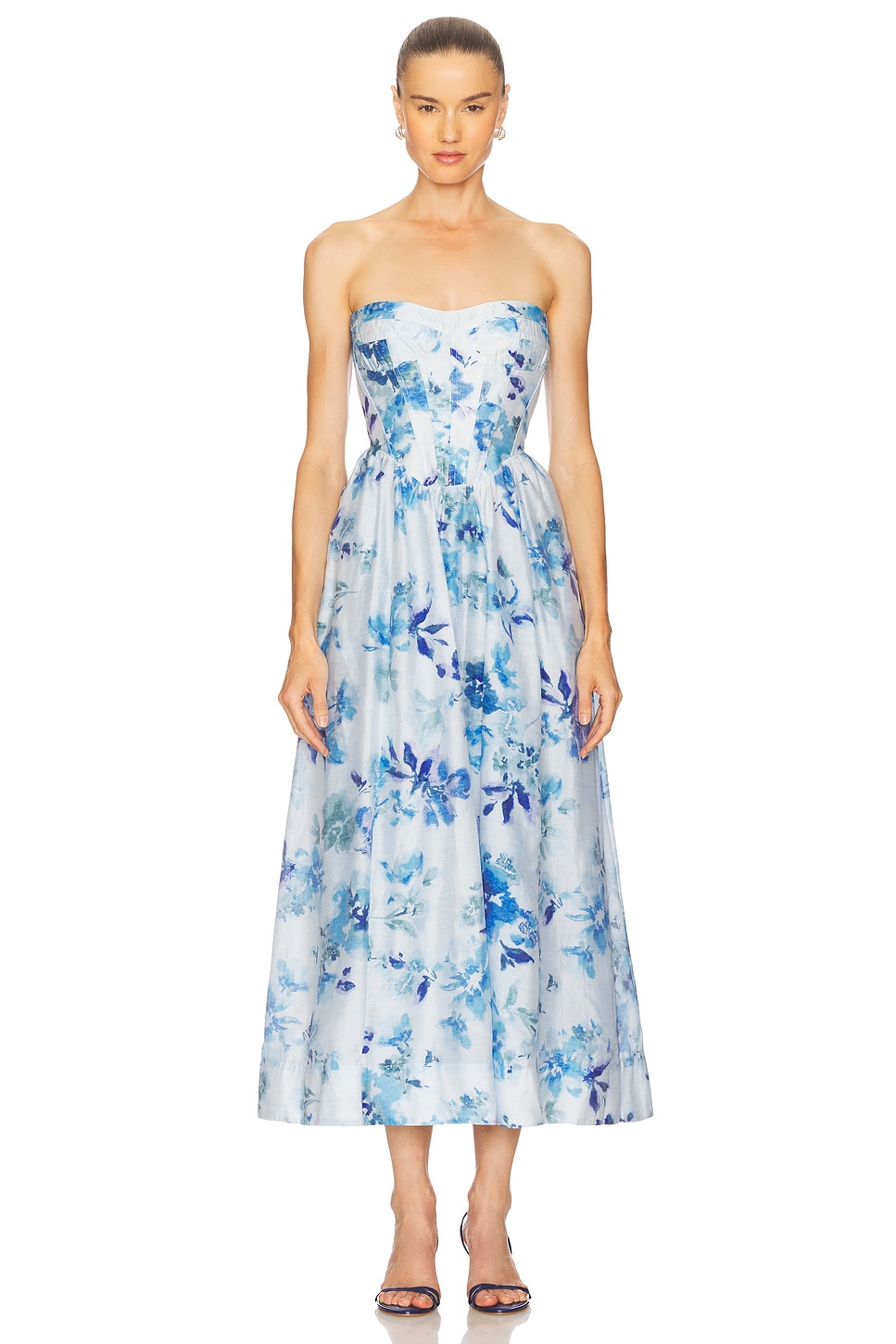 Bardot Lola Corset Midi Dress in Blue Floral | REVOLVE