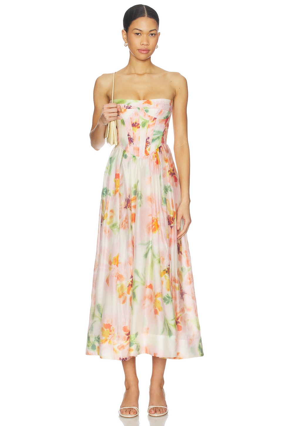 bardot corset midi dress in pink floral Lola Corset Midi Dress In Pink Floral
