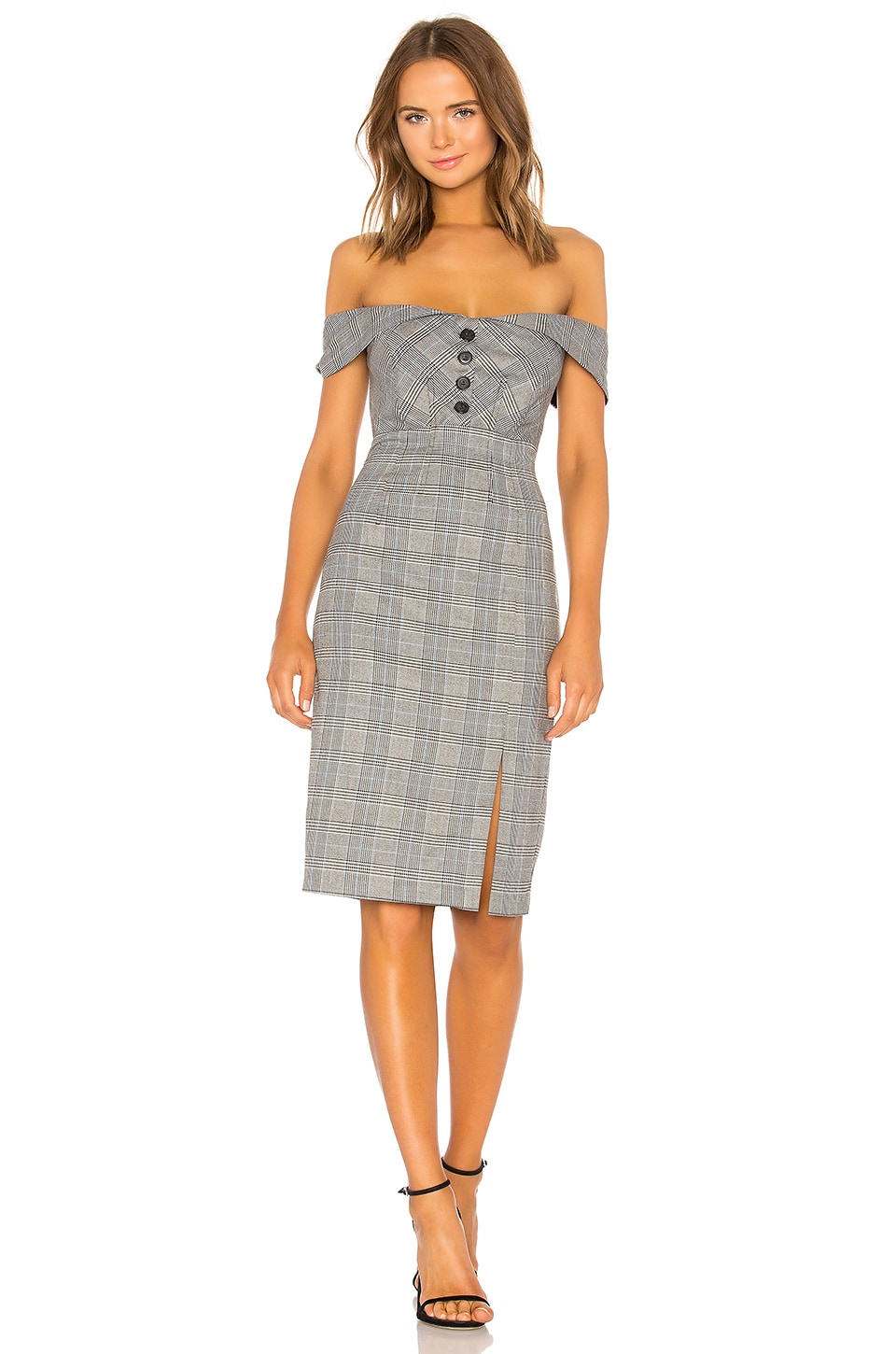 bella off the shoulder check sheath dress in gray