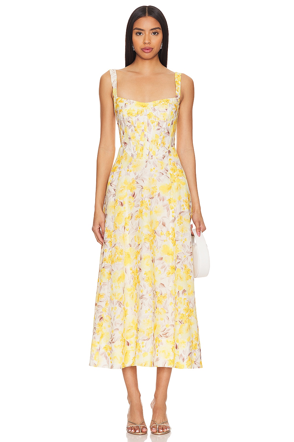 Bardot VESTIDO MIDI LILAH CORSET en Yellow Floral REVOLVE