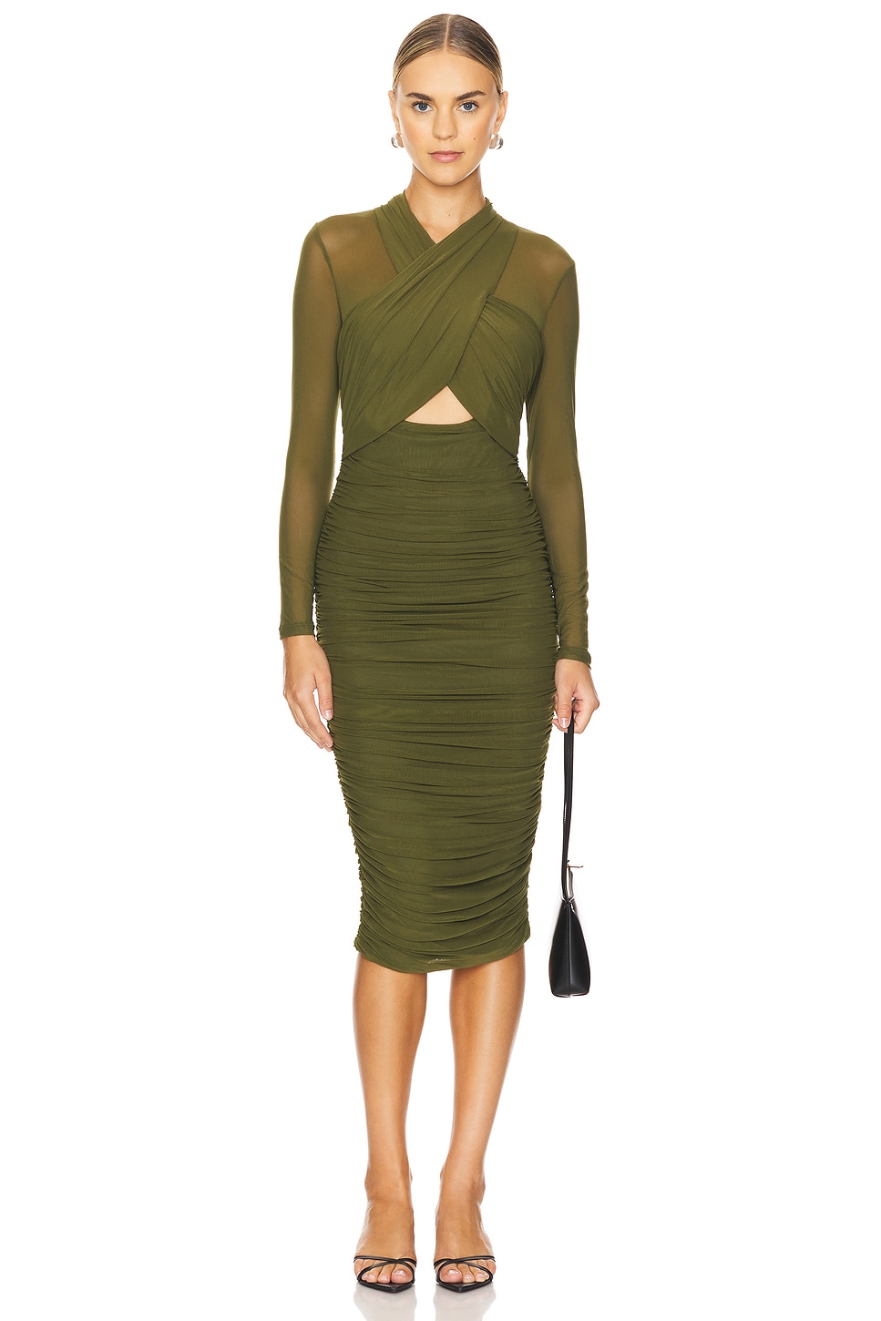 bardot aliyah ruched bodycon dress in Khaki Knit Plunge Halter Mini