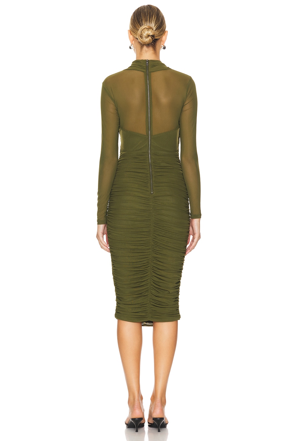 bardot aliyah ruched bodycon dress in Khaki StyleCode: 3090077660468 Ruched through the body backless ruffle detailing mini Side:Large
