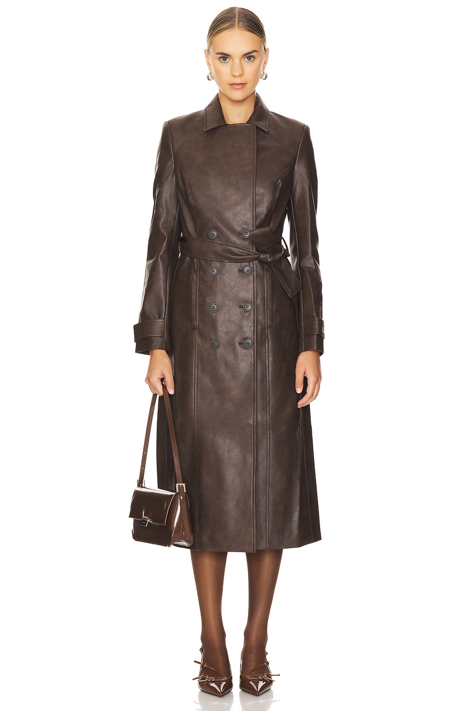 Bardot Faux Leather Trench Coat in Dark Chocolate | REVOLVE