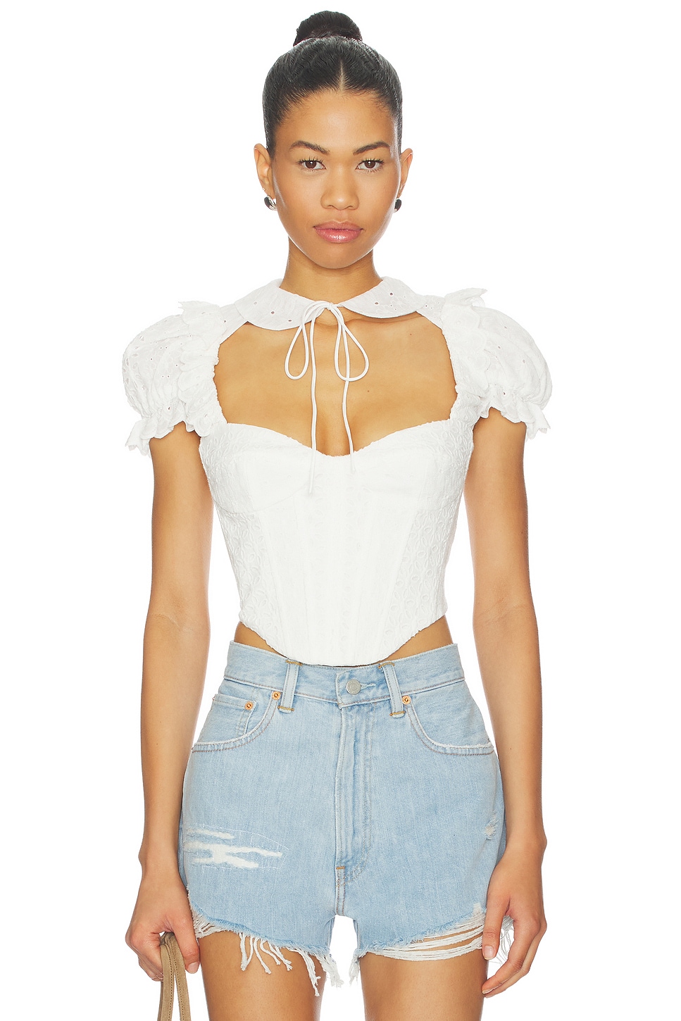 Bardot Allington Broderie Corset Top in Orchid White | REVOLVE
