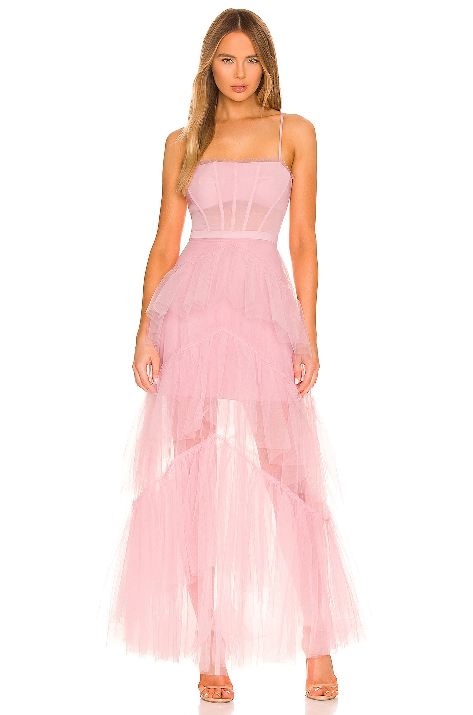 BCBGMAXAZRIA Corset Tulle Gown in Pink Rose