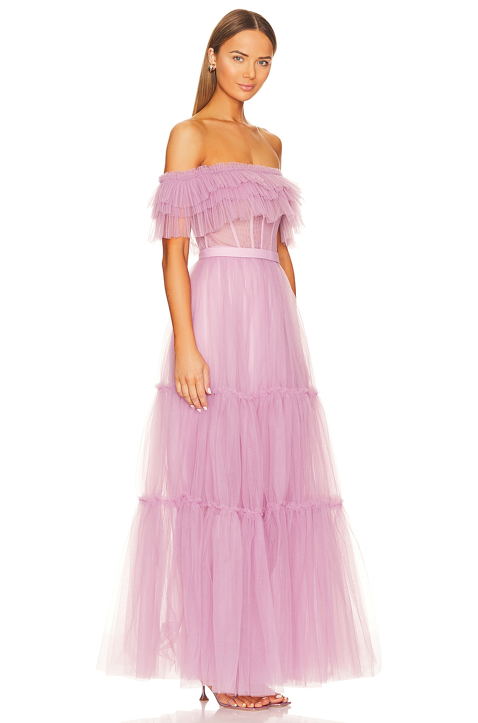 BCBGMAXAZRIA Off Shoulder Tiered Gown in Lavender Herb