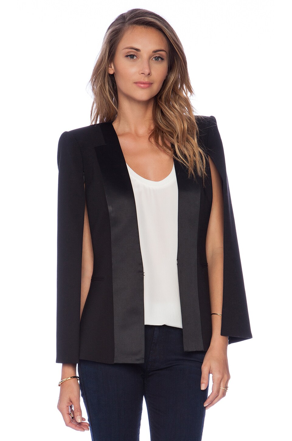 BCBGMAXAZRIA Satin Detail Cape in Black | REVOLVE