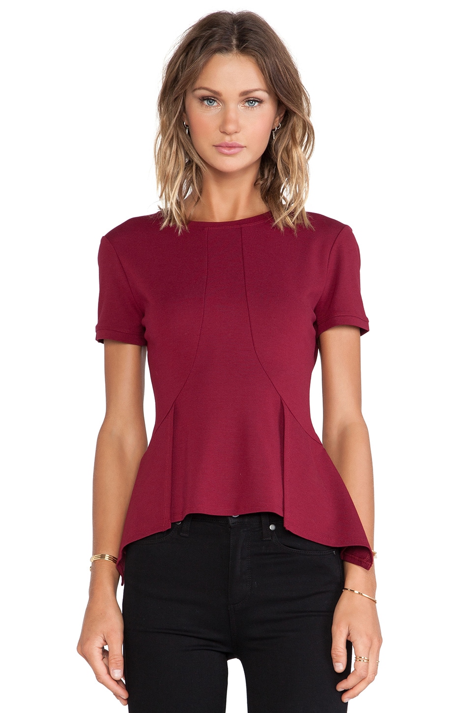 BCBGMAXAZRIA Scarlet Peplum Top in Deep Cranberry | REVOLVE