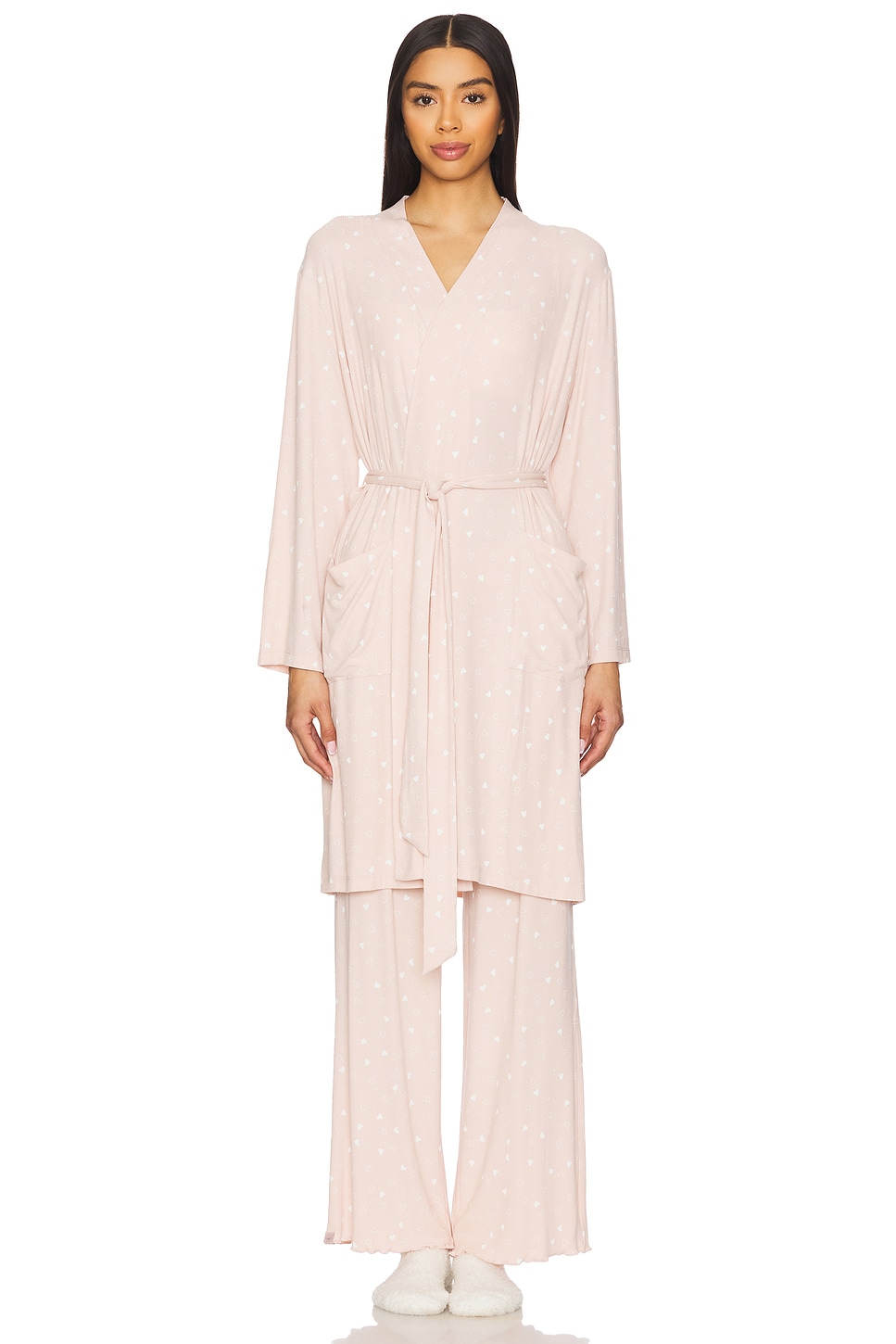 Skin Rib Robe Barefoot Dreams Ultra Soft Rib Piped Robe in Dusty Rose & Pearl | REVOLVE