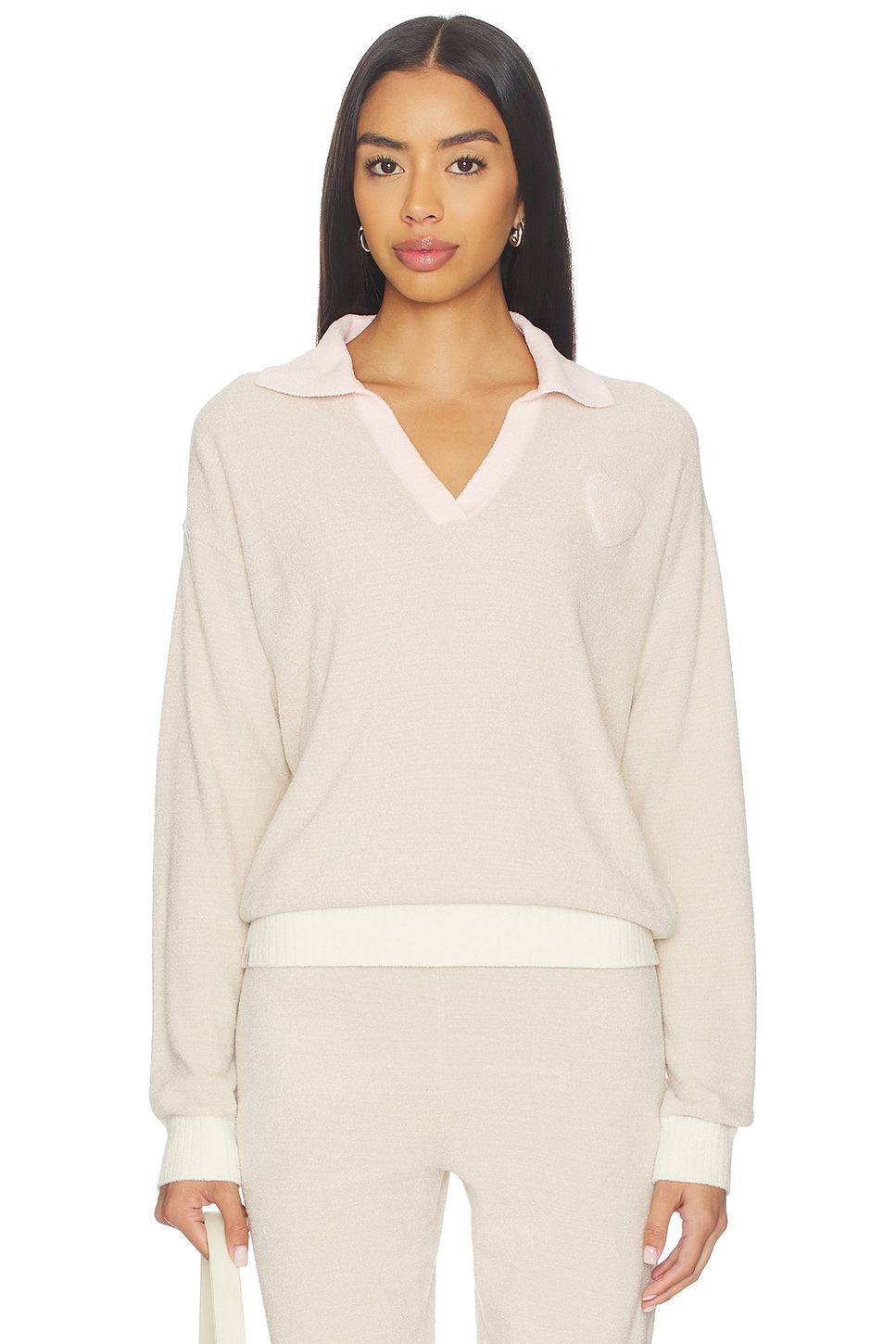 Cozy Chic Ultra Lite Color Block Heart Collared Pullover - thumbnail 2