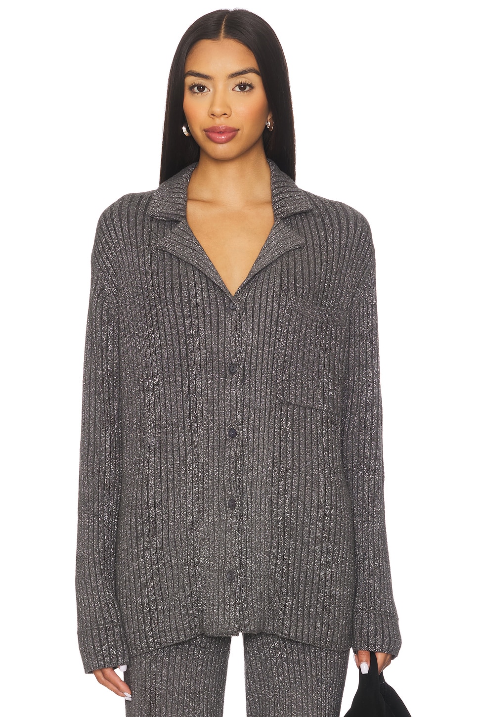 Barefoot Dreams CozyChic Ultra Lite Lurex Rib Button Front Shirt