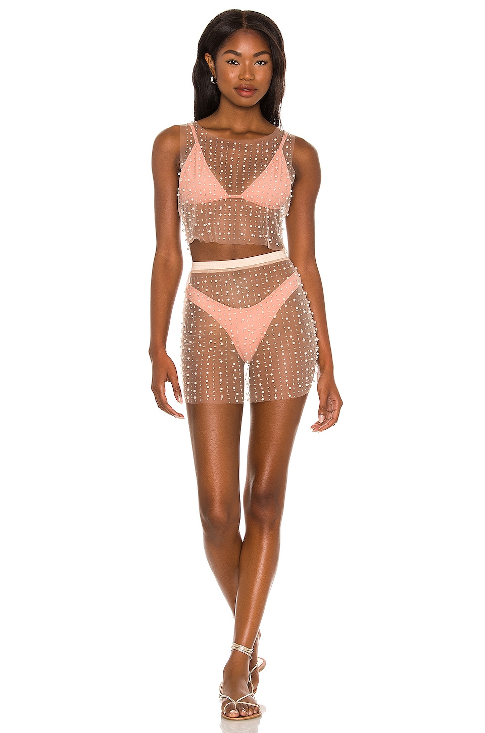 Glitzy Girl Pearl Mesh Top & Skirt Set in Nude