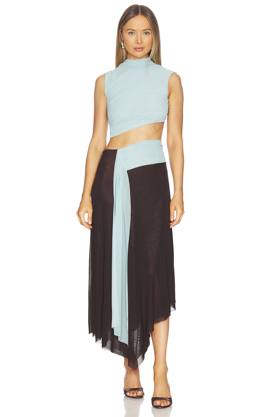 Bec + Bridge Conni Asymmetric Midi Dress in Arctic Blue & Dark Choc |  REVOLVE