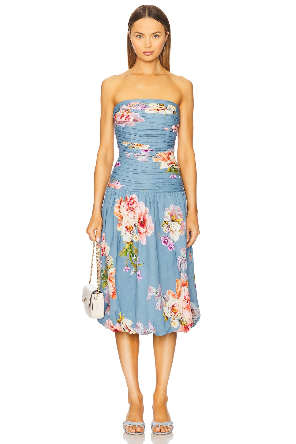 princess polly baby blue dress HEMANT AND NANDITA Ruched Midi Dress in Pink Blue Mix