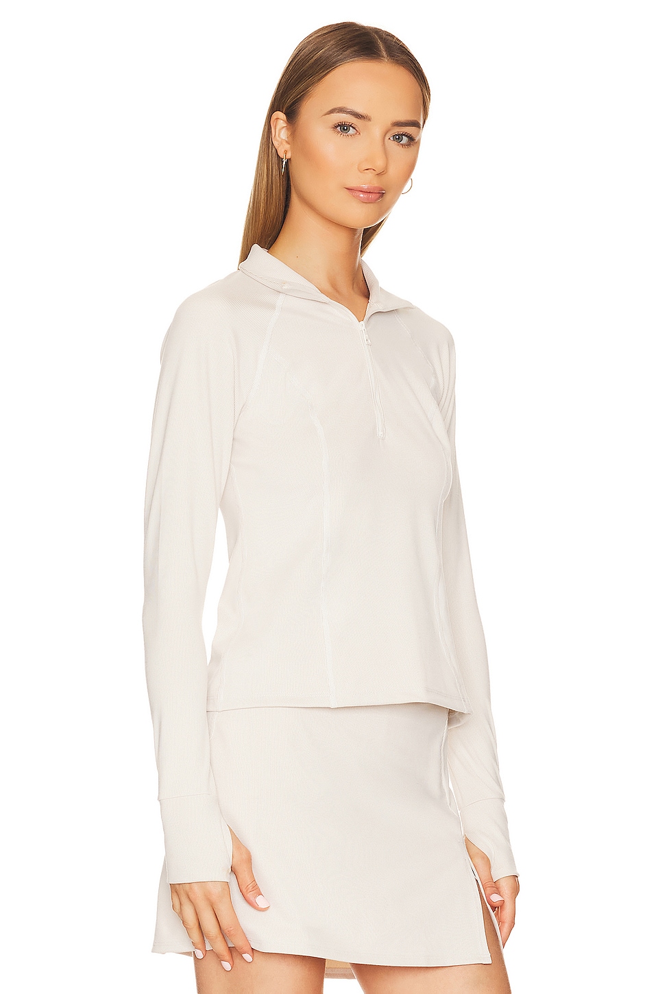 Beyond Yoga Heather Rib Take A Hike Zip Pullover in Cream Heather