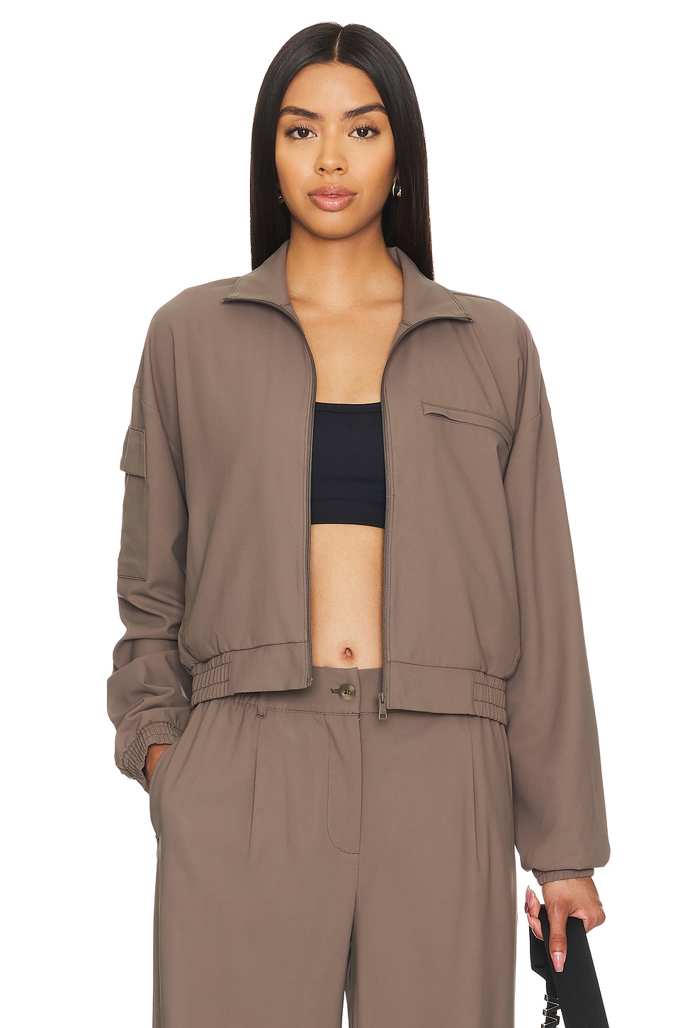 Beyond Yoga Status Pocket Sleeve Cropped Jacket in Dune Beyond Yoga Status Pocket Sleeve Cropped Jacket in Dune