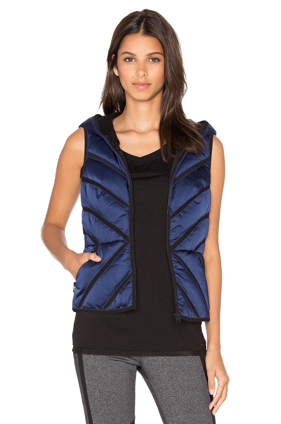 BLANC NOIR Mesh Inset Satin Puffer Vest in Midnight REVOLVE