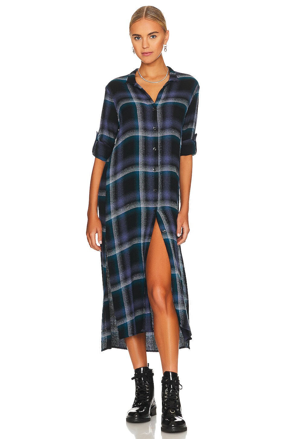 Bella Dahl Duster Shirt Dress in Teal & Violet Plaid
