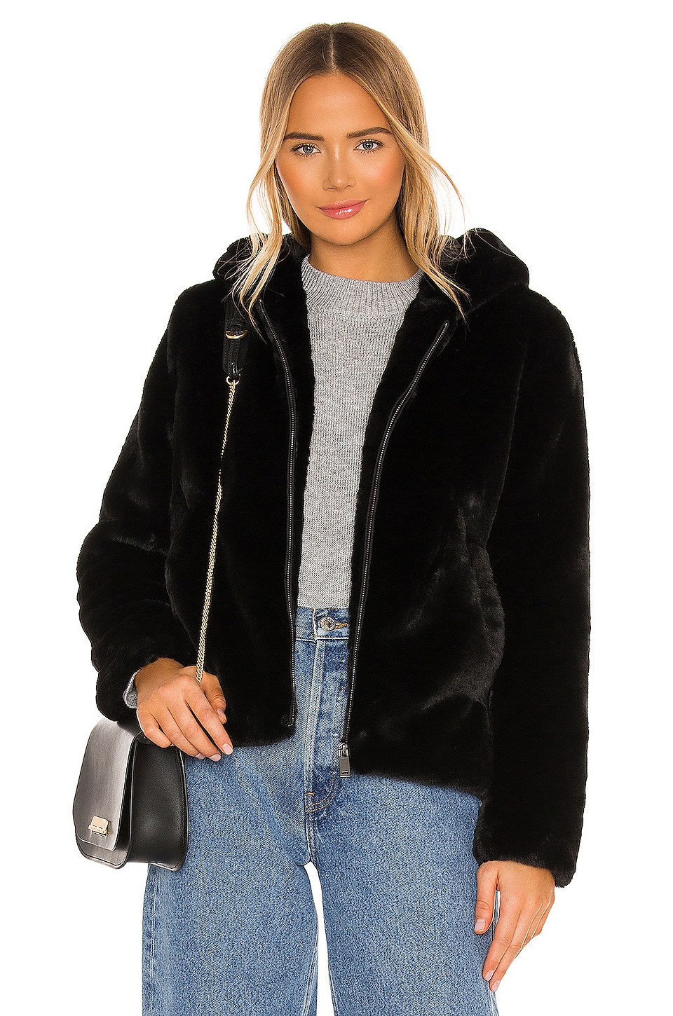 faux fur zip up hoodie black