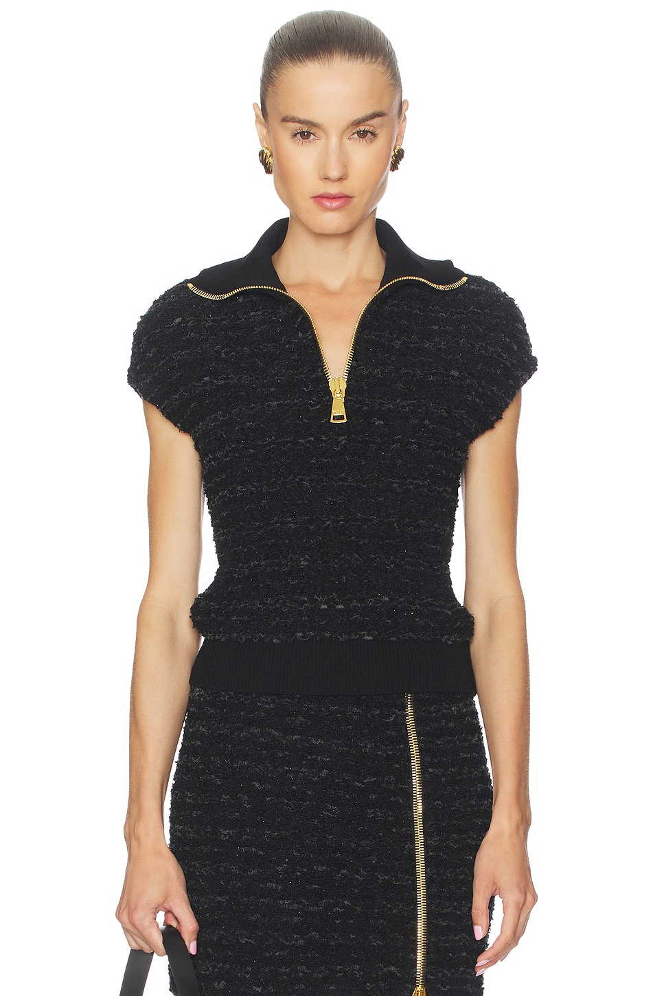 BALMAIN Zipped Short Sleeve Tweed Top in Noir | REVOLVE