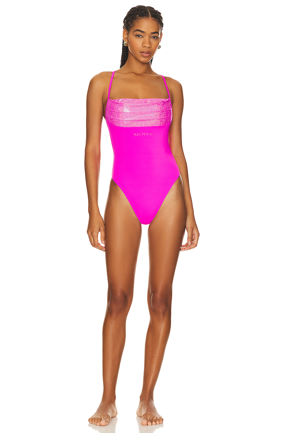 BALMAIN One Piece Swimsuit Thong in Fuxia & Silver