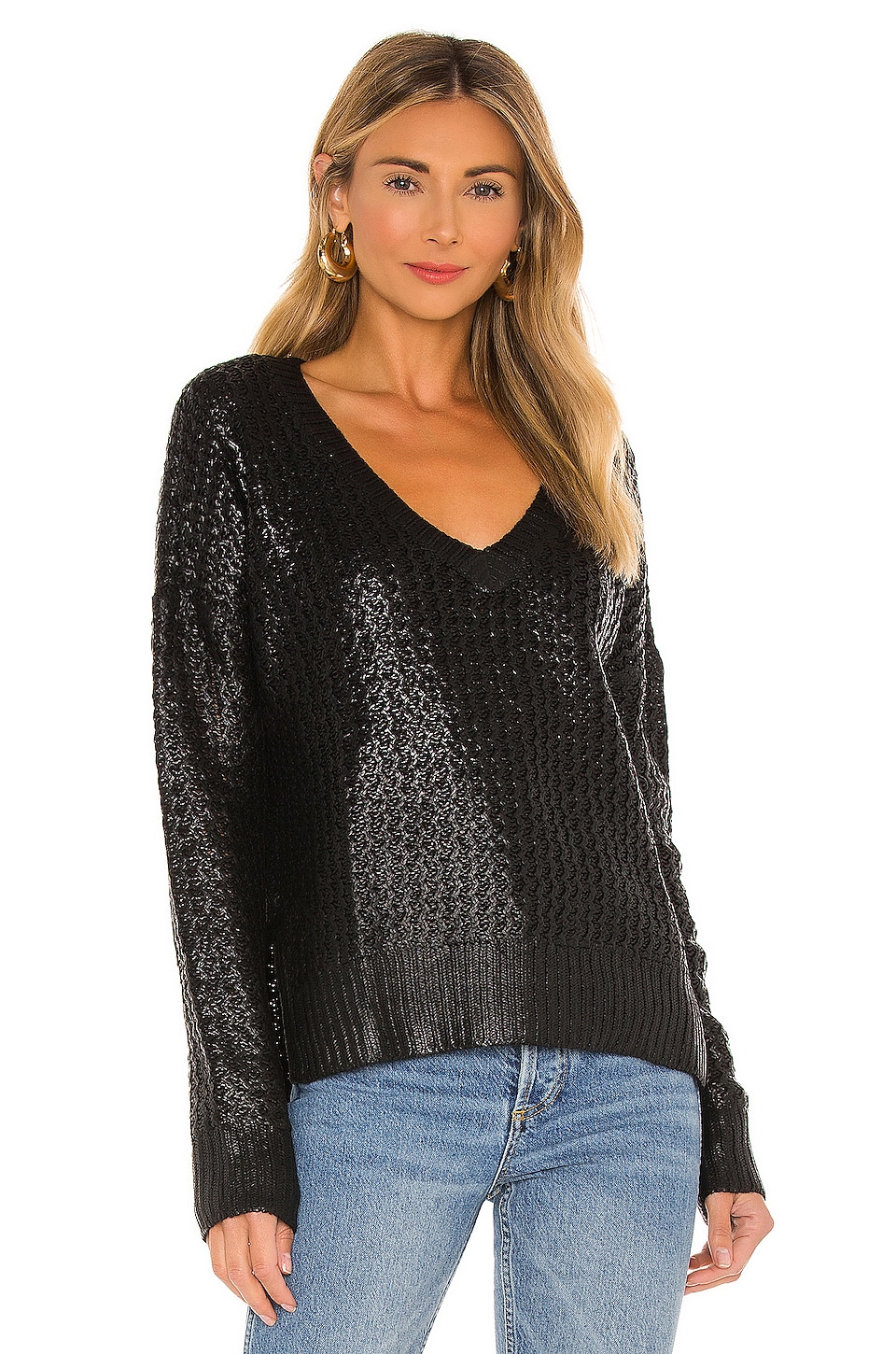 Bobi BLACK Coated Chunky V-Neck Sweater 
