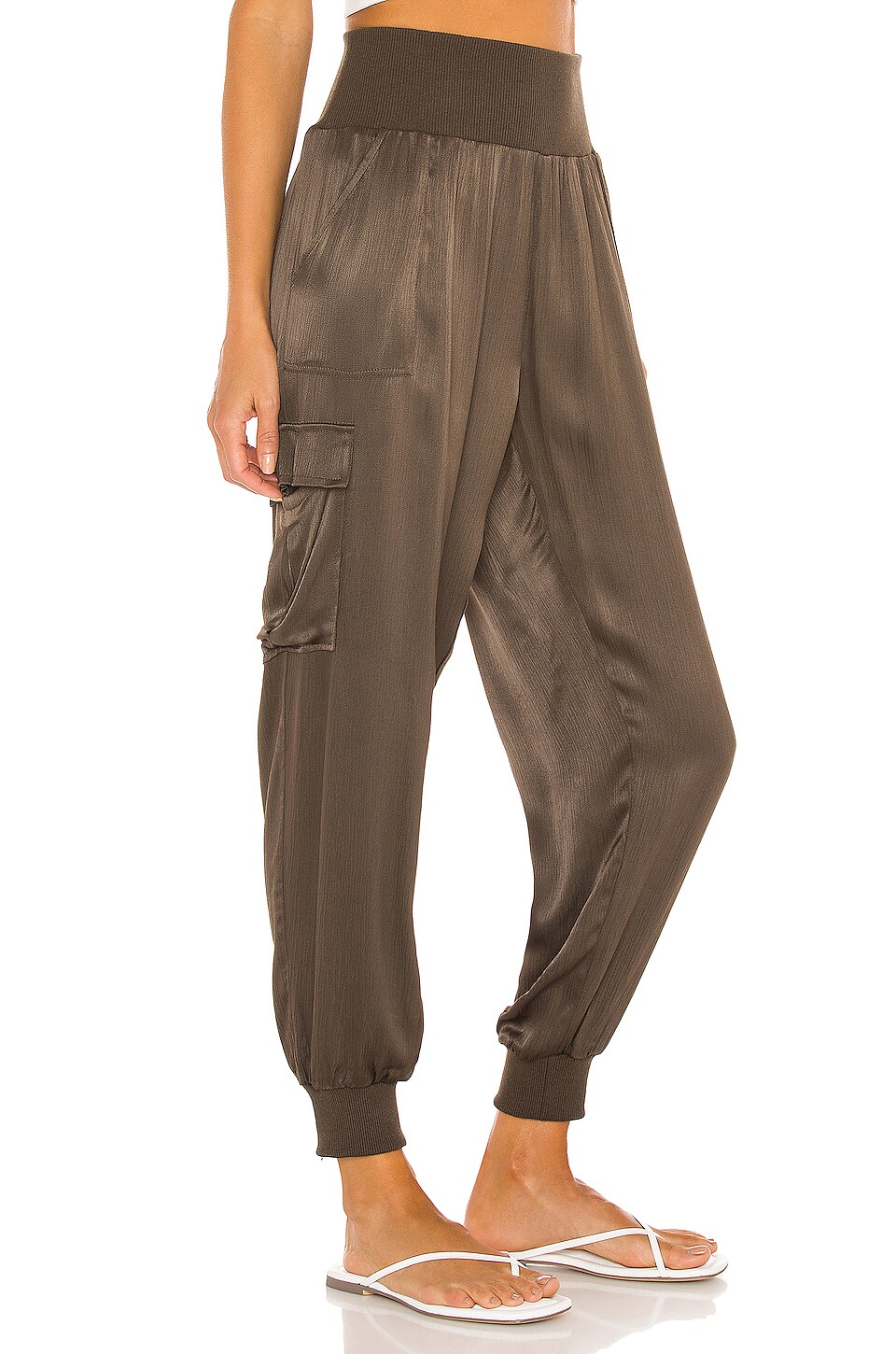 Bobi BLACK Sleek Textured Woven Pant in Army REVOLVE