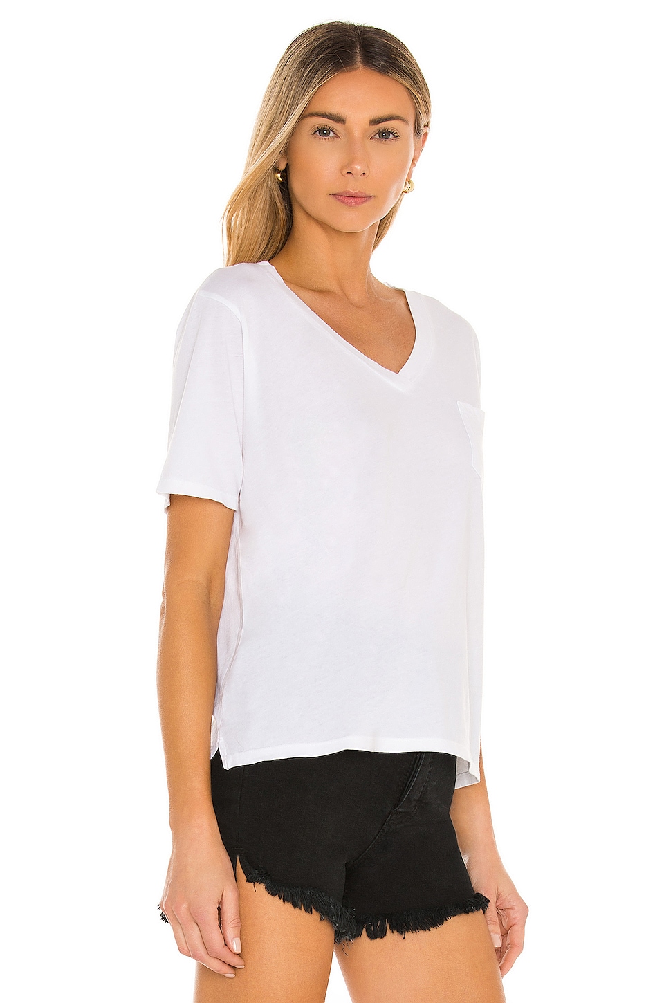 Bobi Light Weight Jersey V Neck Pocket Tee in White