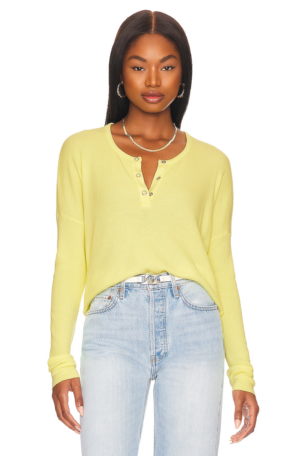 Bobi Cropped Henley Top in Lemons REVOLVE
