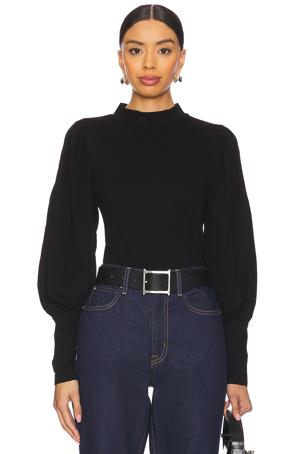 Long Sleeve Shirred Sleeve Mockneck Top
