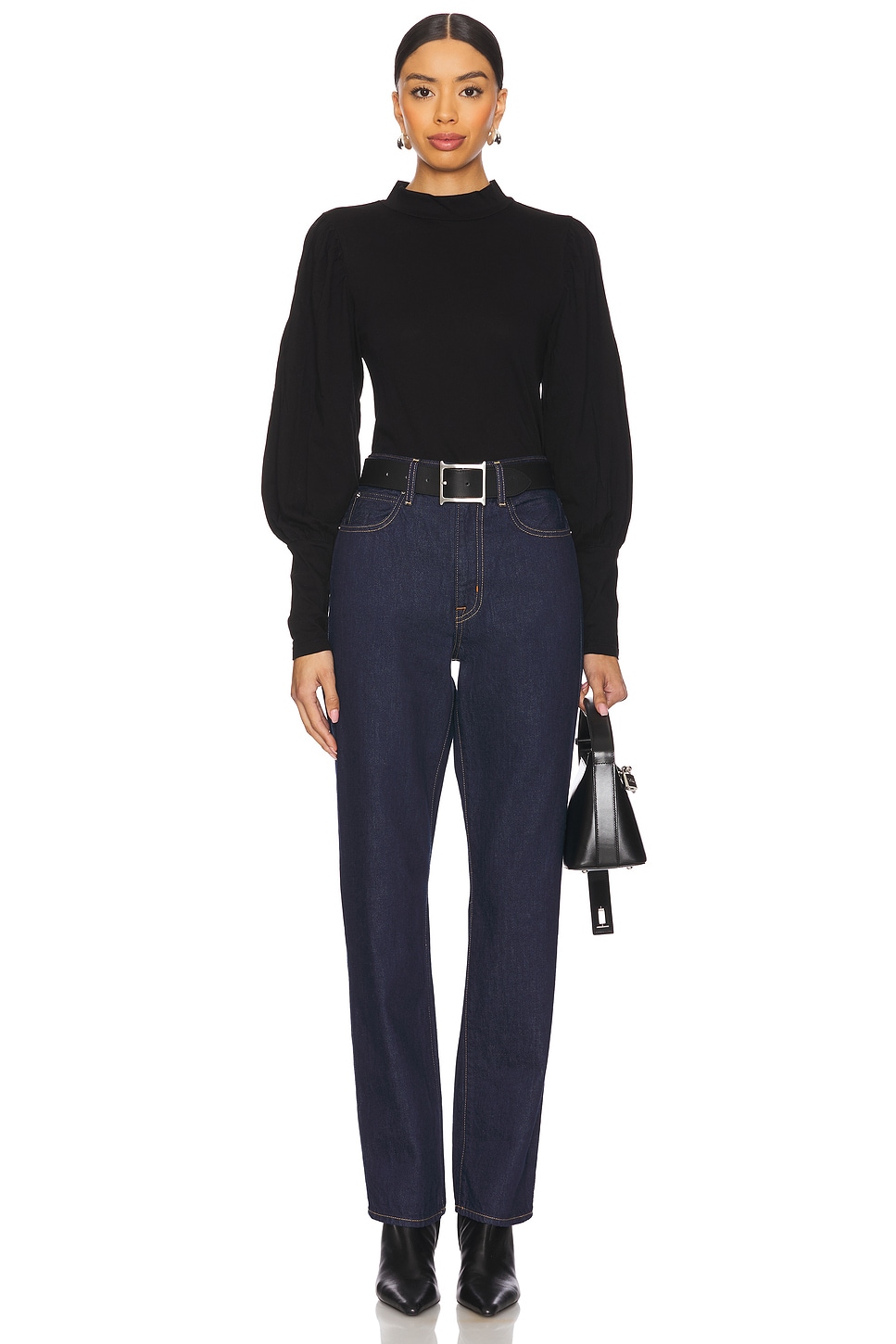 Long Sleeve Shirred Sleeve Mockneck Top