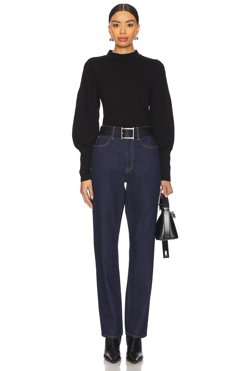 Long Sleeve Shirred Sleeve Mockneck Top