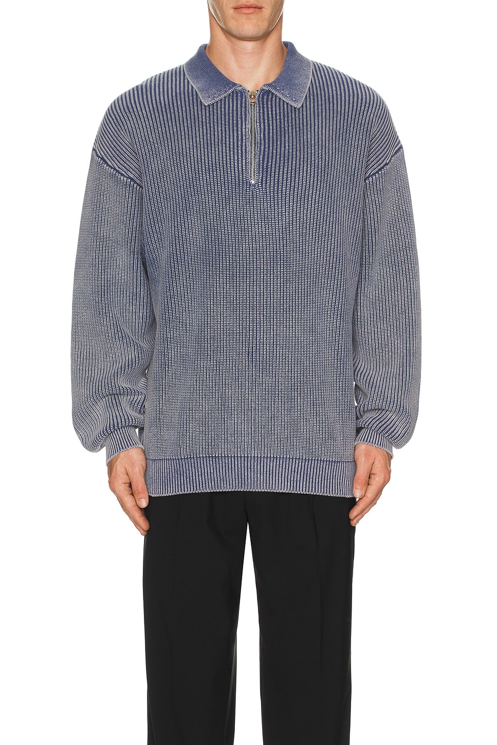 Bound Acid Washed Half Zip Knit Pullover in Navy | REVOLVE