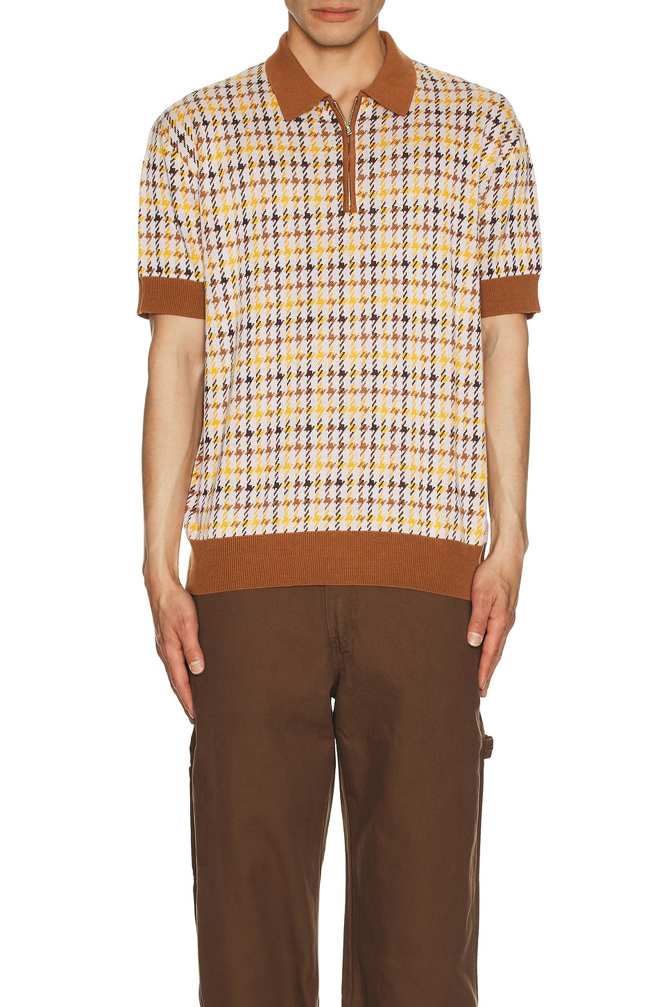 Bound Finn 1/4 Zip Dogtooth Knit Polo in Brown | REVOLVE