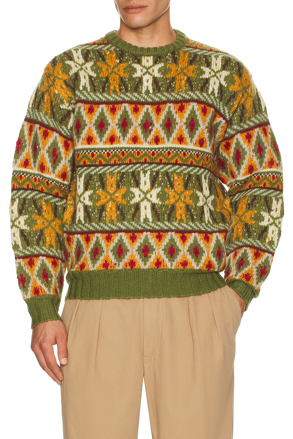 Beams Plus Crew Fair Isle Pattern 3G Sweater in Green | REVOLVE