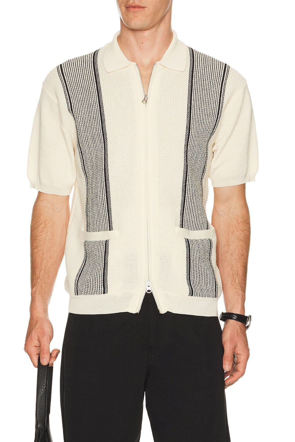 Beams Plus Zip Knit Polo Stripe in Off White | REVOLVE
