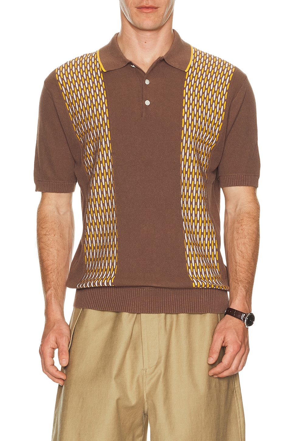 Beams Plus Knit Polo Front Stripe Jacquard in Brown | REVOLVE