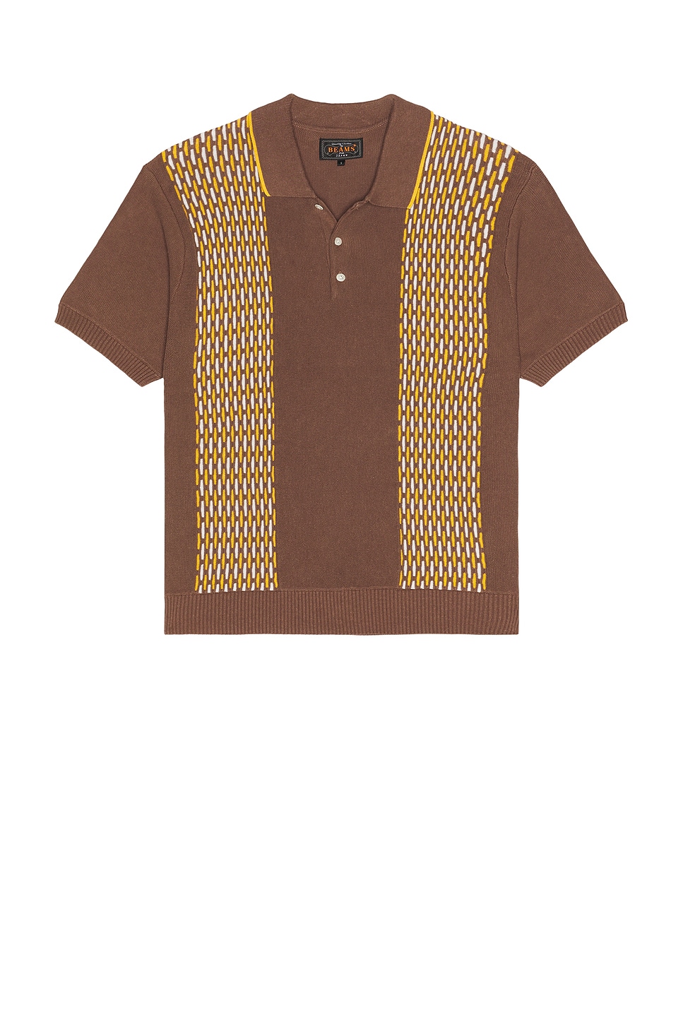Beams Plus Knit Polo Front Stripe Jacquard in Brown | REVOLVE