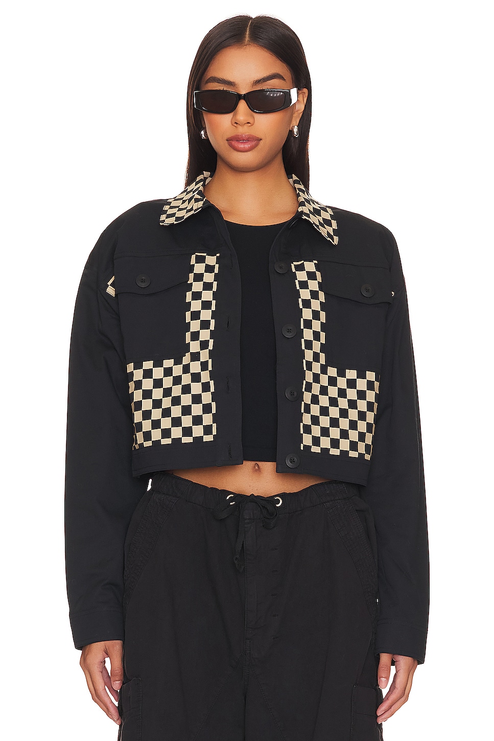 BEACH RIOT Desert Trucker Jacket in Taupe & Black Check | REVOLVE